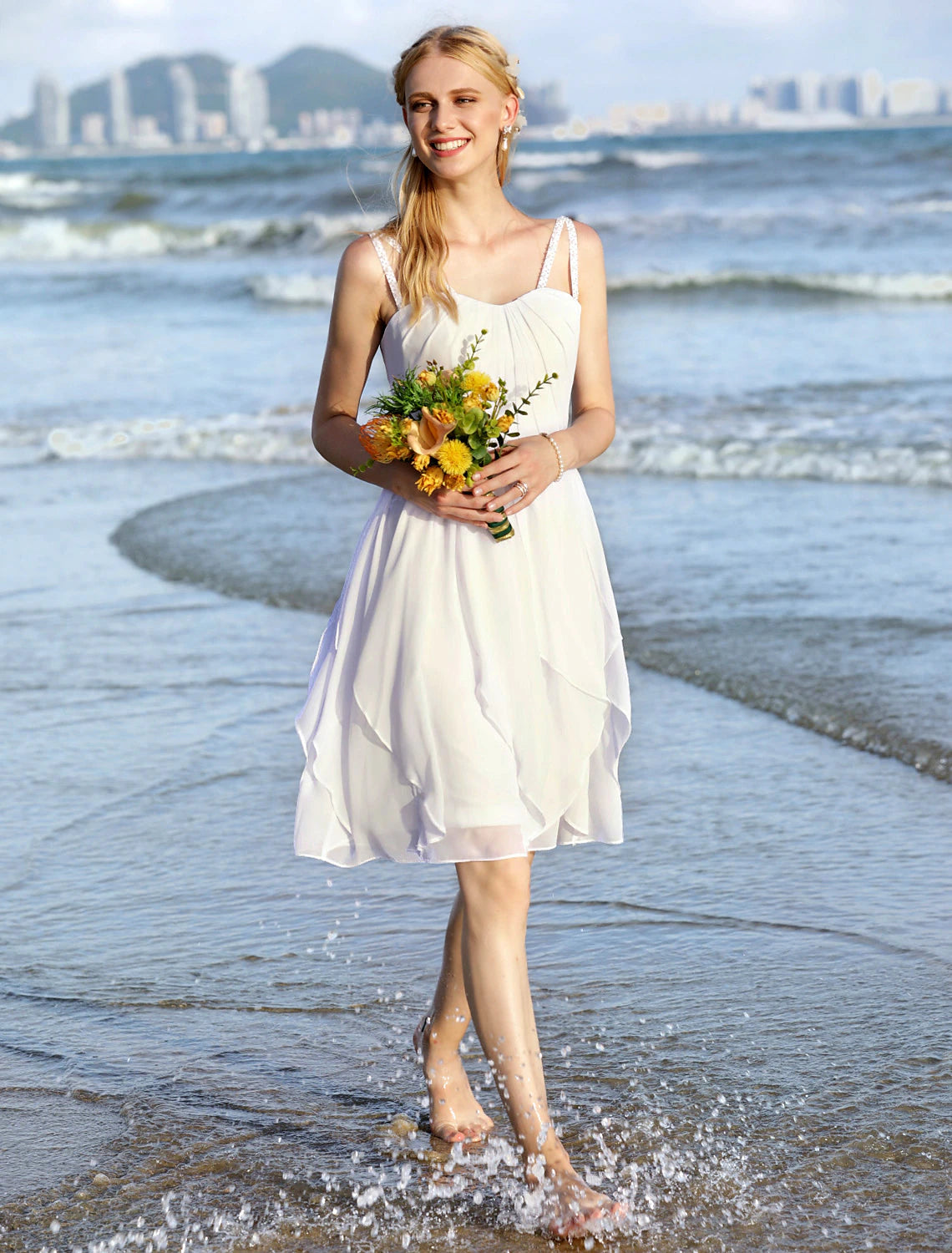 Luolandi Wedding Dresses A-Line Sweetheart Regular Straps Knee Length Chiffon Bridal Gowns With Sash / Ribbon